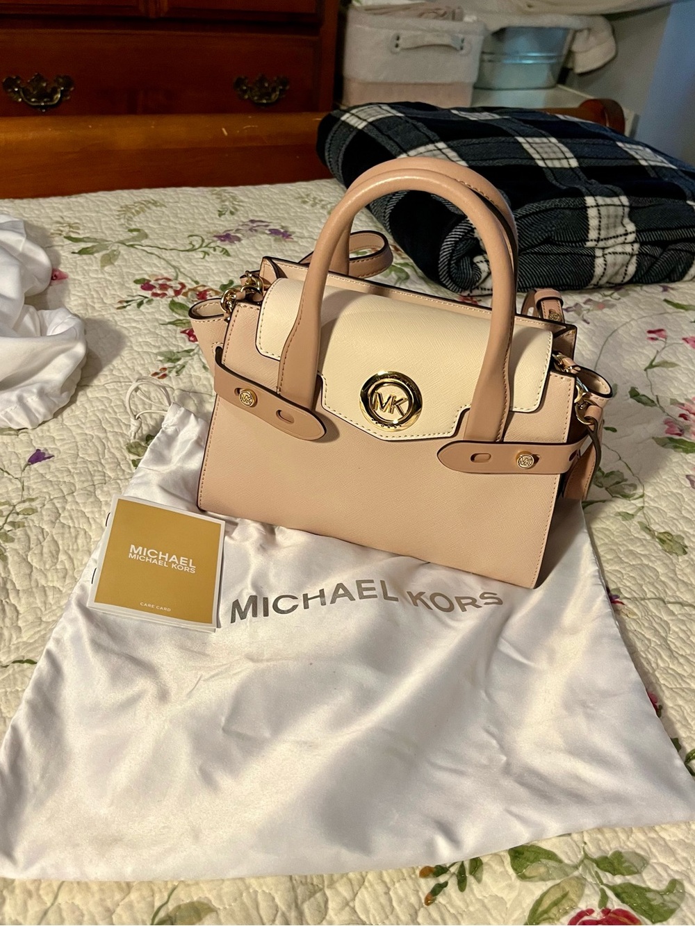Michael Kors Blush and Cream Leather Satchel with Gold MK Emblem